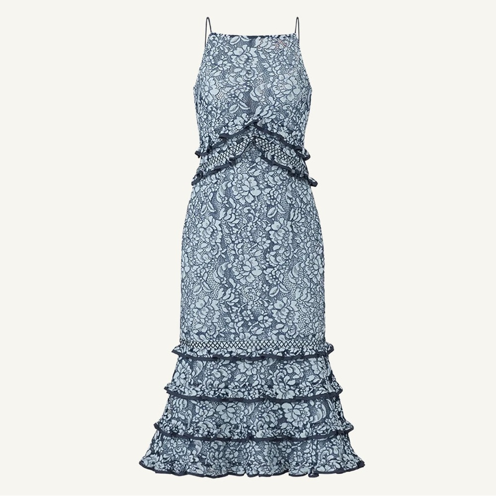 Keepsake the Label Catch Me Lace Dress Blue Halter Ruffle Hem Midi Sleeveless La